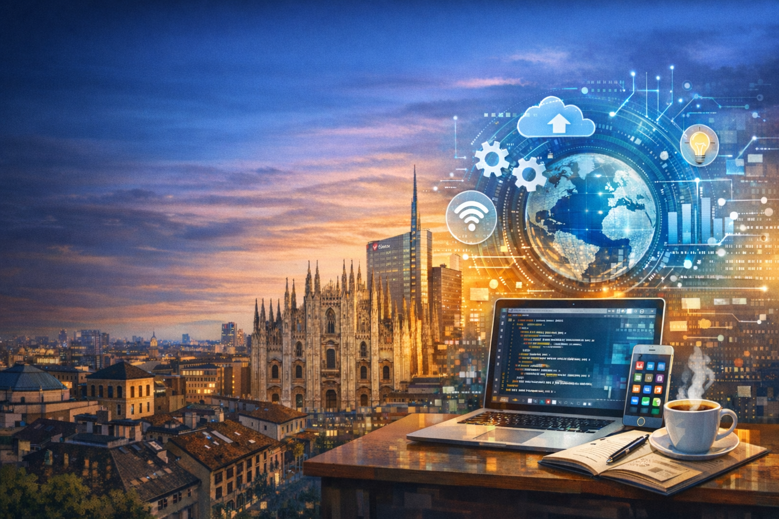 Workspace con computer e notebook per rappresentare innovazione e tecnologia, con sfondo su skyline di Milano